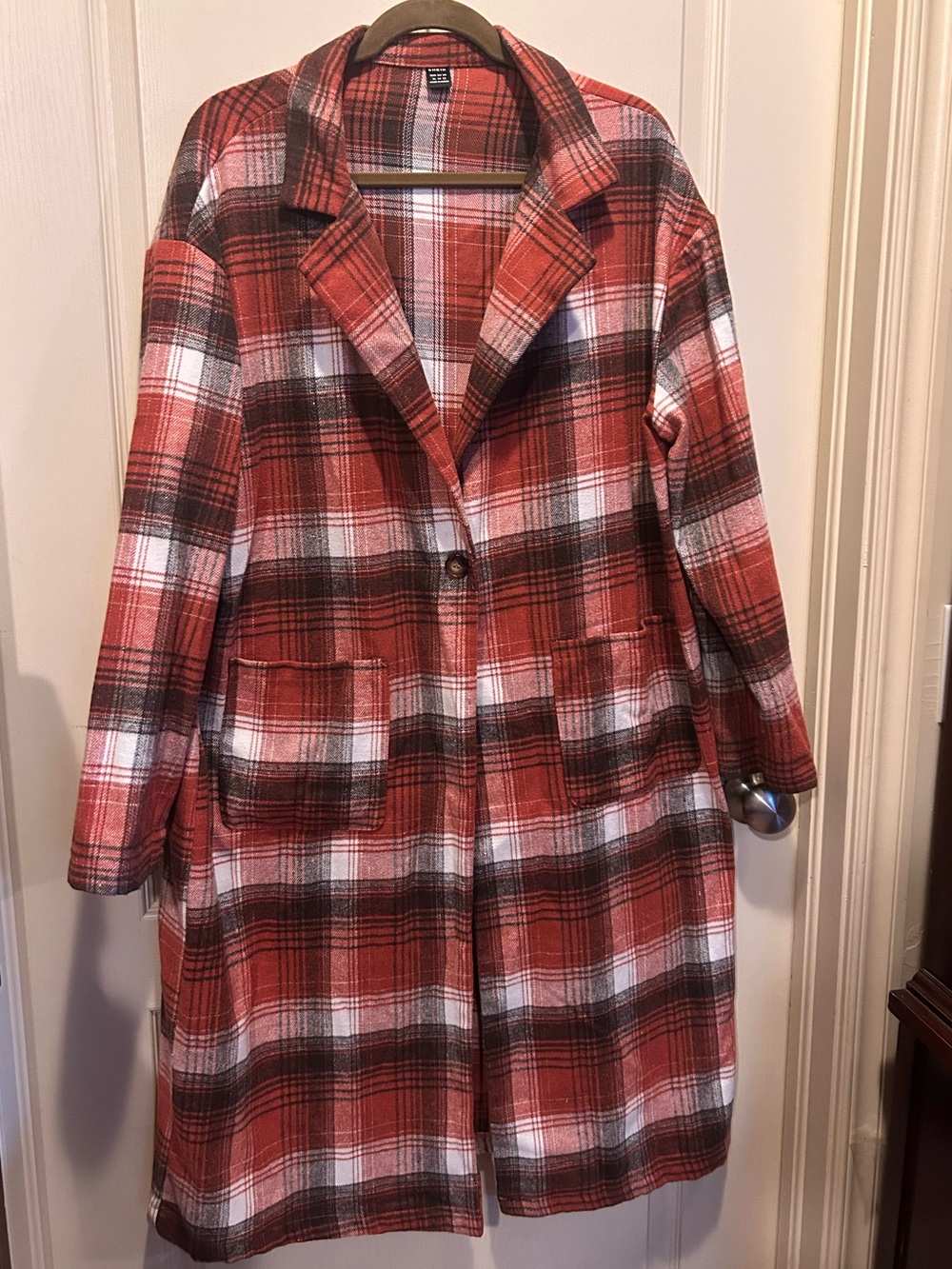 Plaid Single-Button Long Flannel Coat burnt orange